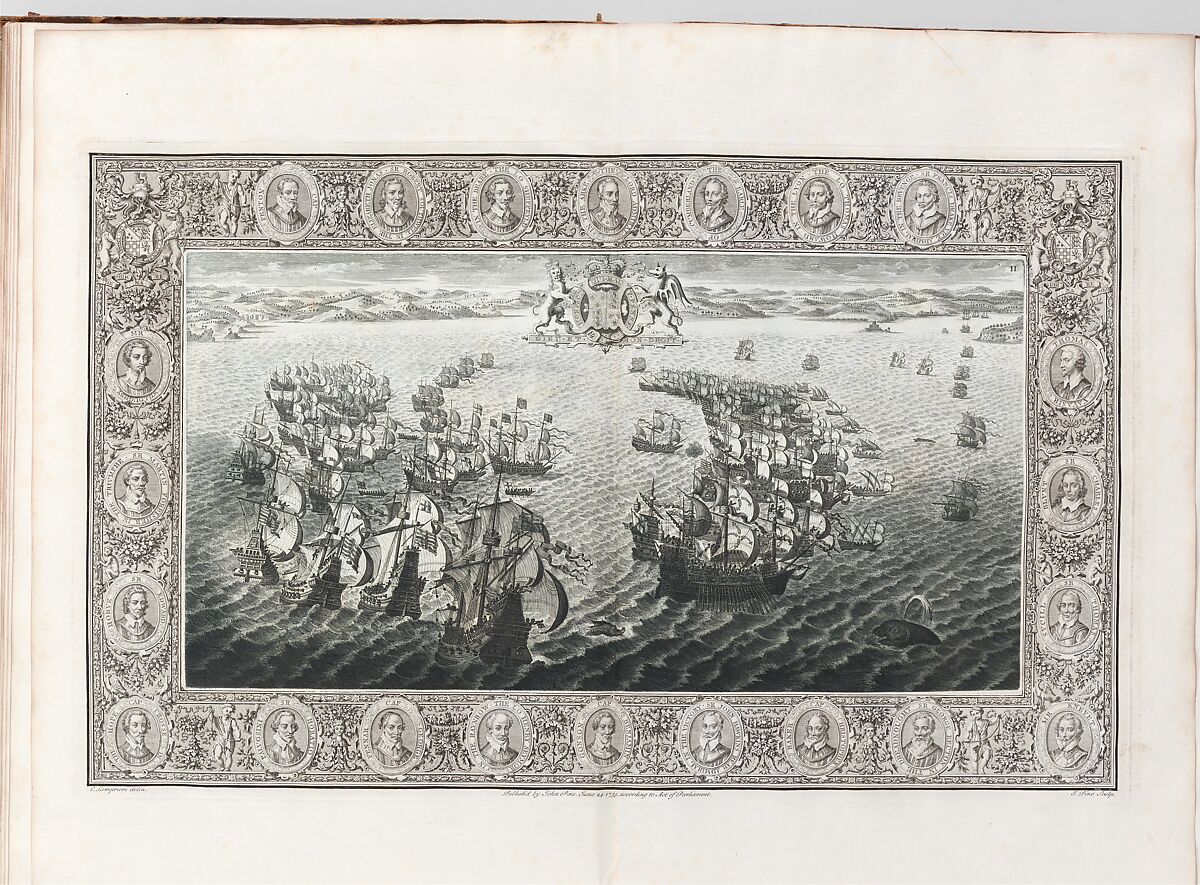 The Tapestry Hangings of the House of Lords Representing the Several Engagements Between the English and Spanish Fleets..., Engraved and published by John Pine (British, London 1690–1756 London), Illustrations: etching and engraving