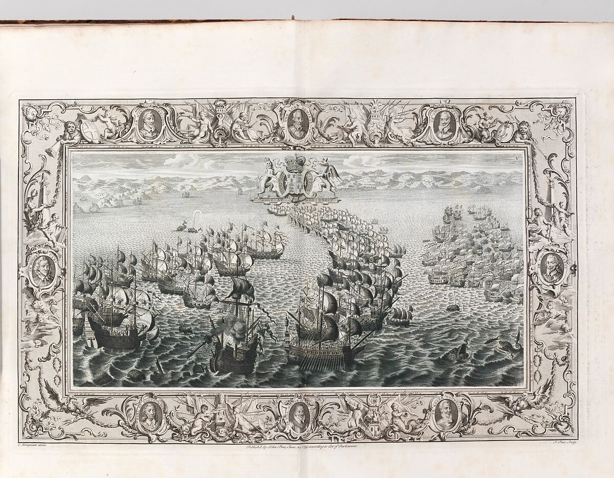 The Tapestry Hangings of the House of Lords Representing the Several Engagements Between the English and Spanish Fleets..., Engraved and published by John Pine (British, London 1690–1756 London), Illustrations: etching and engraving