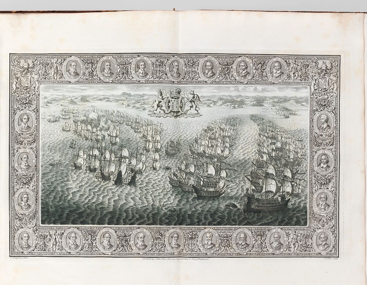 The Tapestry Hangings of the House of Lords Representing the Several Engagements Between the English and Spanish Fleets..., Engraved and published by John Pine (British, London 1690–1756 London), Illustrations: etching and engraving