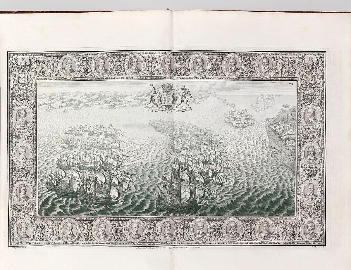 The Tapestry Hangings of the House of Lords Representing the Several Engagements Between the English and Spanish Fleets..., Engraved and published by John Pine (British, London 1690–1756 London), Illustrations: etching and engraving