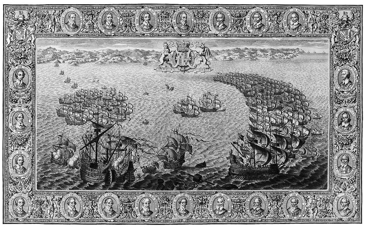 The Tapestry Hangings of the House of Lords Representing the Several Engagements Between the English and Spanish Fleets..., Engraved and published by John Pine (British, London 1690–1756 London), Illustrations: etching and engraving