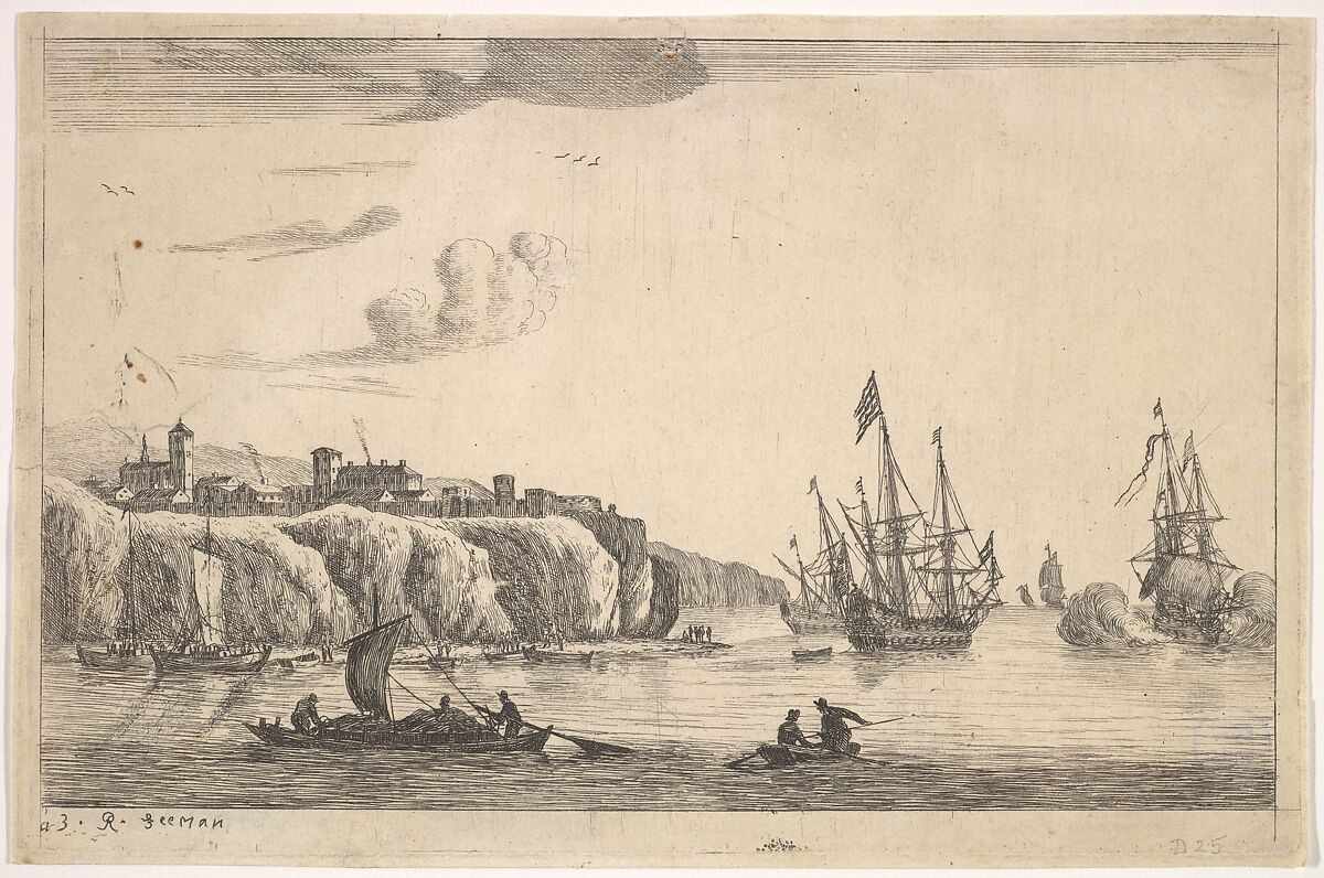 Seaport with Village on a Cliff, Reinier Nooms, called Zeeman (Dutch, Amsterdam ca. 1623–1664 Amsterdam), Etching 