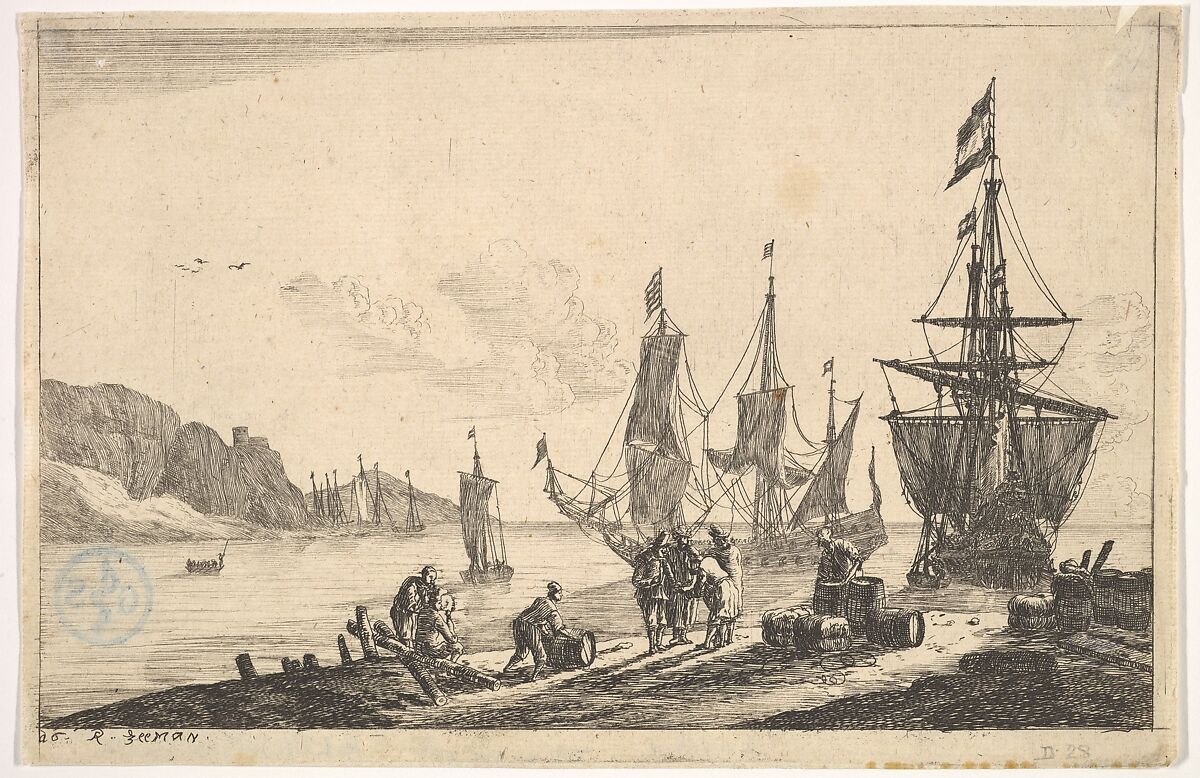 Bay with Sailing Vessels, Reinier Nooms, called Zeeman (Dutch, Amsterdam ca. 1623–1664 Amsterdam), Etching; state II 