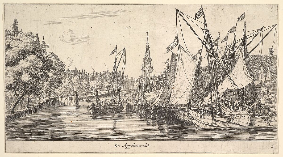 De Appelmarckt (The Apple Market), from Views in Amsterdam, plate 6, Reinier Nooms, called Zeeman (Dutch, Amsterdam ca. 1623–1664 Amsterdam), Etching; second state of two 