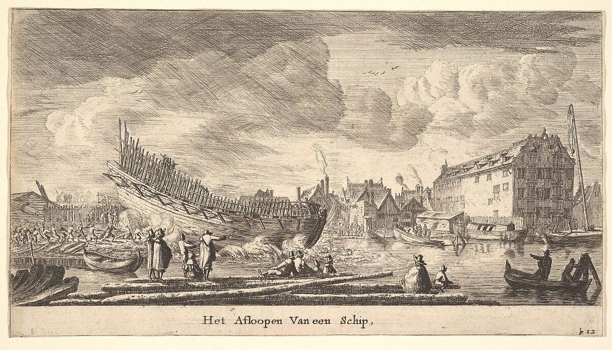 The Launch of a Ship, Reinier Nooms, called Zeeman (Dutch, Amsterdam ca. 1623–1664 Amsterdam), Etching and drypoint; state II 