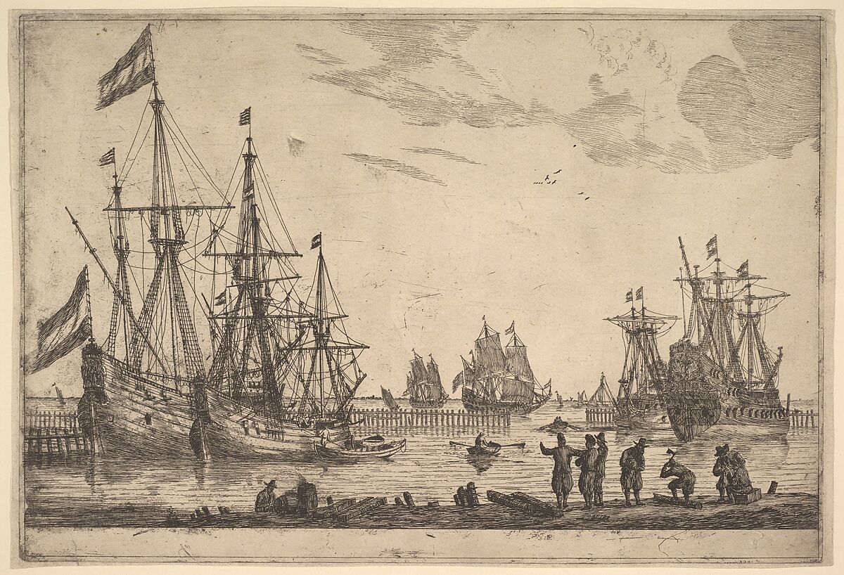 Four Sailing Vessels near a Breakwater, Reinier Nooms, called Zeeman (Dutch, Amsterdam ca. 1623–1664 Amsterdam), Etching; state I 