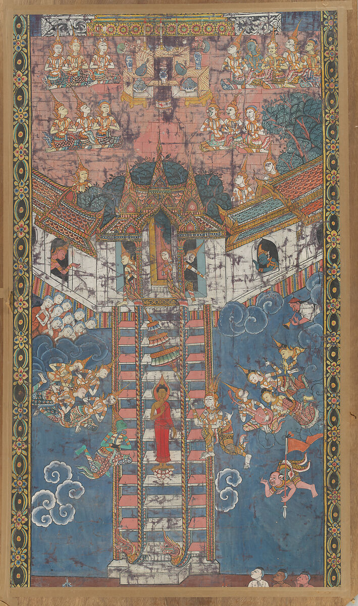 The Buddha Descending from Trayastrimsa Heaven at Sankissa, Color on silk; framed, Thailand 