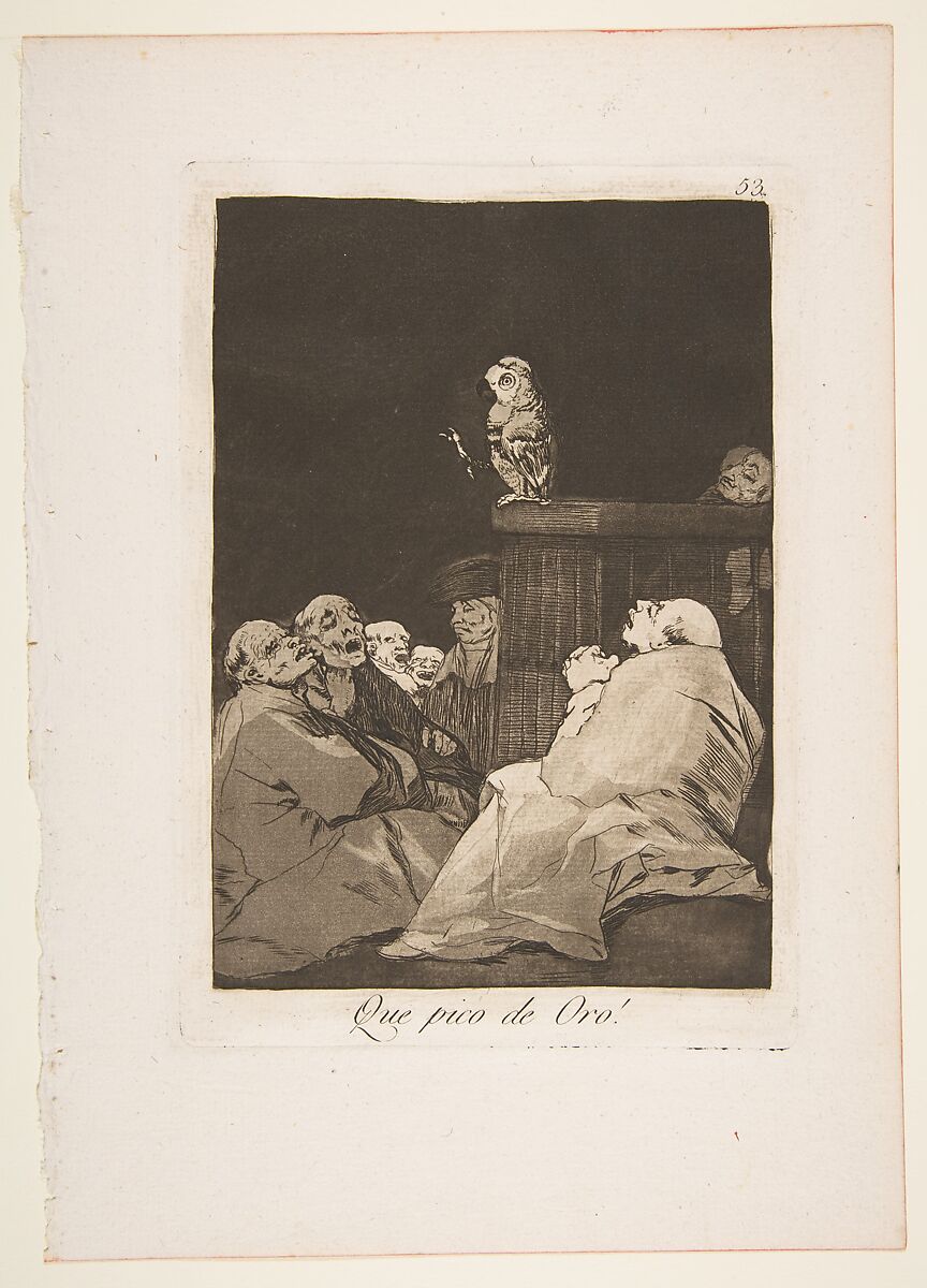 Plate 53 from "Los Caprichos": What a golden beak! (Que pico de Oro!), Goya (Francisco de Goya y Lucientes) (Spanish, Fuendetodos 1746–1828 Bordeaux), Etching, burnished aquatint, burin 