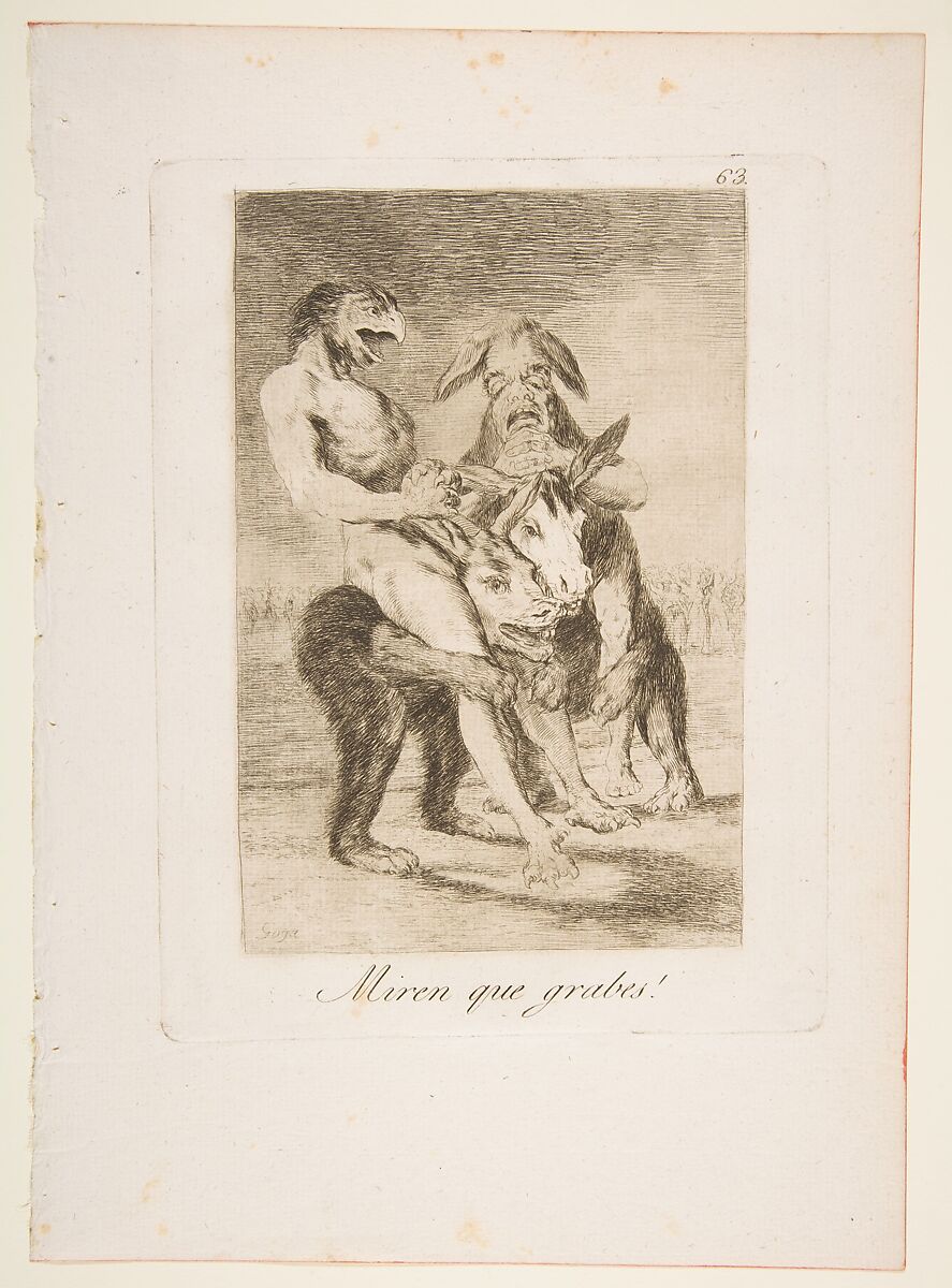 Plate 63 from "Los Caprichos": Look how solemn they are! (Miren que grabes!), Goya (Francisco de Goya y Lucientes) (Spanish, Fuendetodos 1746–1828 Bordeaux), Etching, aquatint, drypoint 