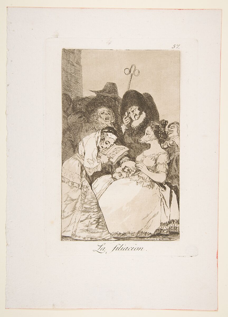 Plate 57 from "Los Caprichos": The filiation (La filiacion), Goya (Francisco de Goya y Lucientes) (Spanish, Fuendetodos 1746–1828 Bordeaux), Etching, aquatint 