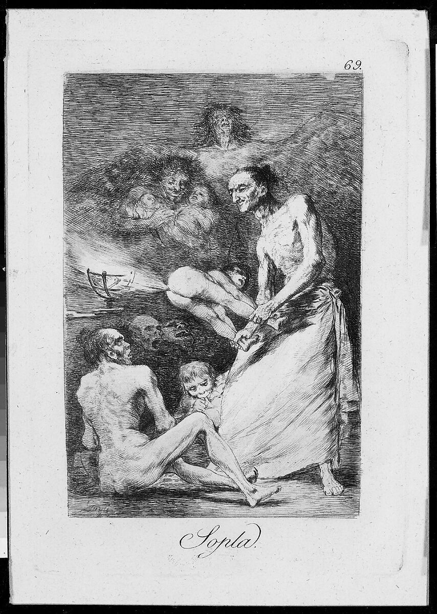 Plate 69 from "Los Caprichos": Blow (Sopla), Goya (Francisco de Goya y Lucientes) (Spanish, Fuendetodos 1746–1828 Bordeaux), Etching, aquatint, drypoint, burin