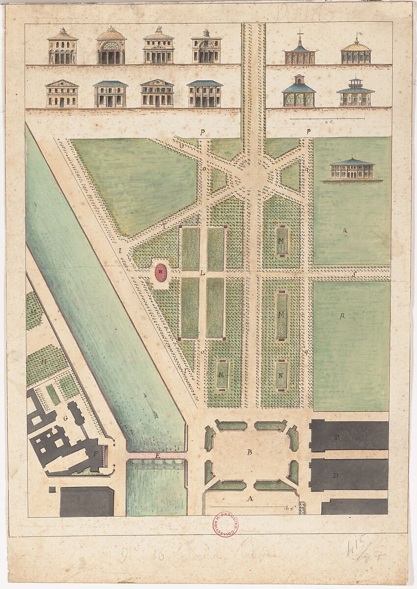 Jardin Public, Champs Elysées, After Gabriel Thouin (French, 1747–1829), Lithograph reinforced in pen and black ink, brush and gray wash, and watercolor