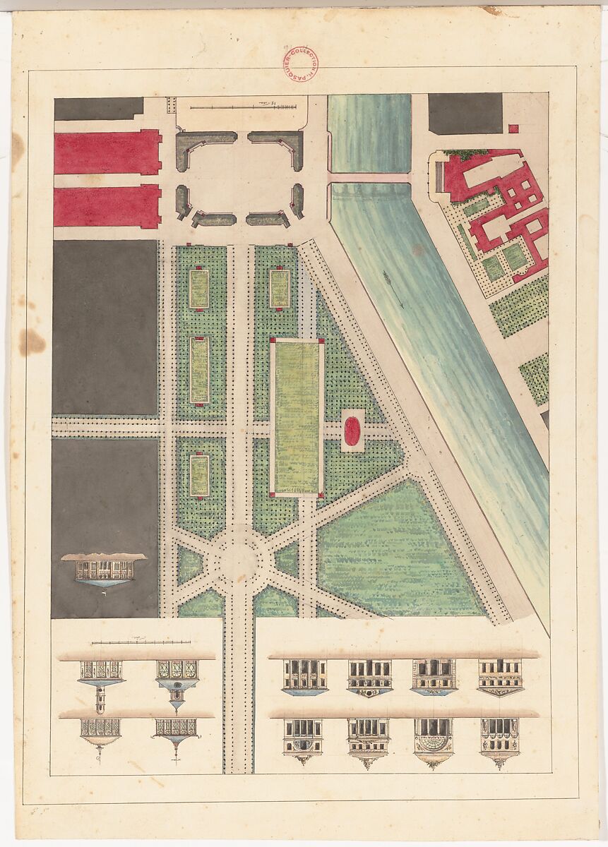 Jardin Public, Champs Elysées, After Gabriel Thouin (French, 1747–1829), Lithograph reinforced in pen and black ink, brush and gray wash, and watercolor