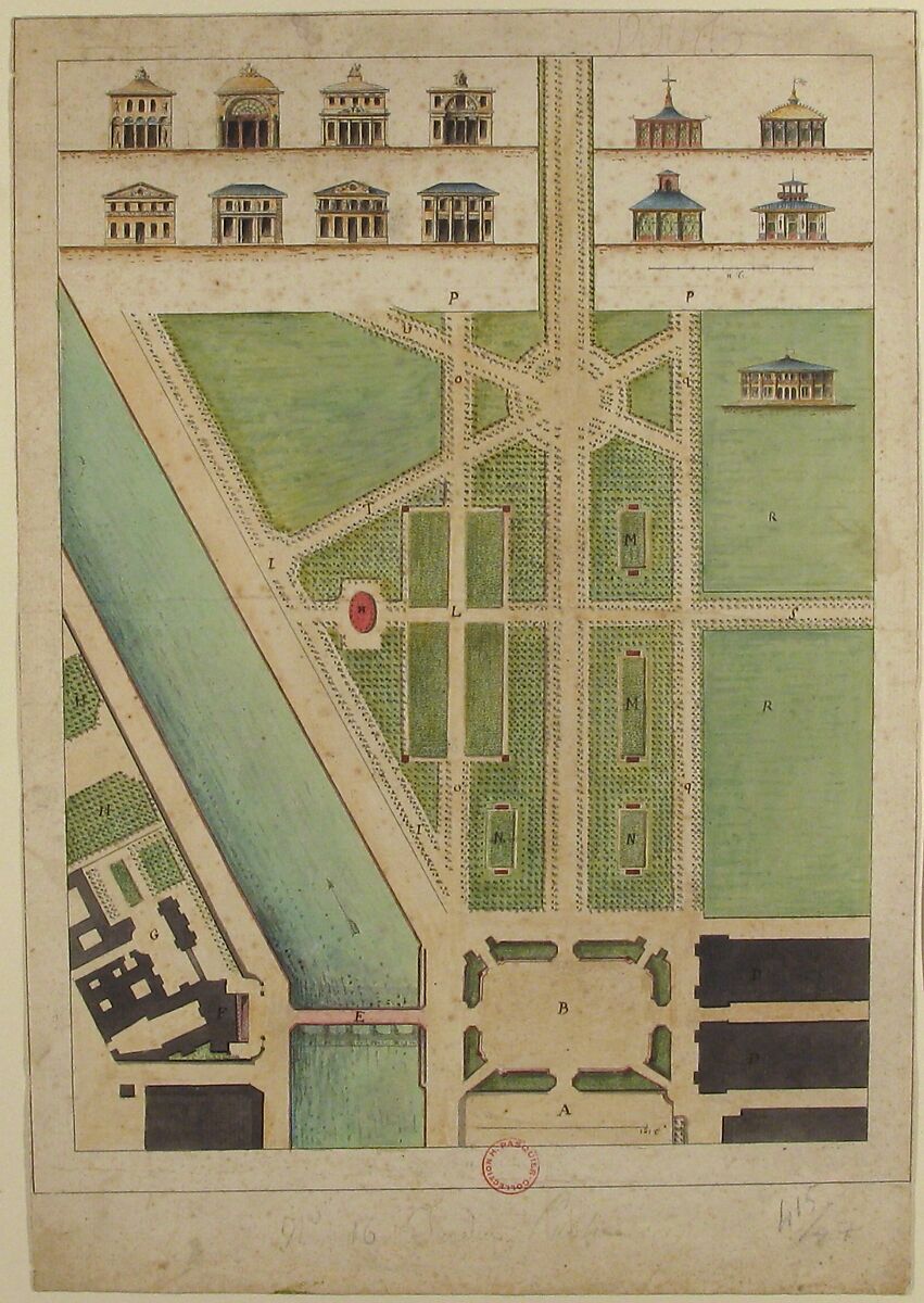 Jardin Public, Champs Elysées, After Gabriel Thouin (French, 1747–1829), Lithograph reinforced in pen and black ink, brush and gray wash, and watercolor