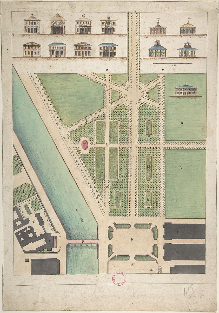 Jardin Public, Champs Elysées, After Gabriel Thouin (French, 1747–1829), Lithograph reinforced in pen and black ink, brush and gray wash, and watercolor 