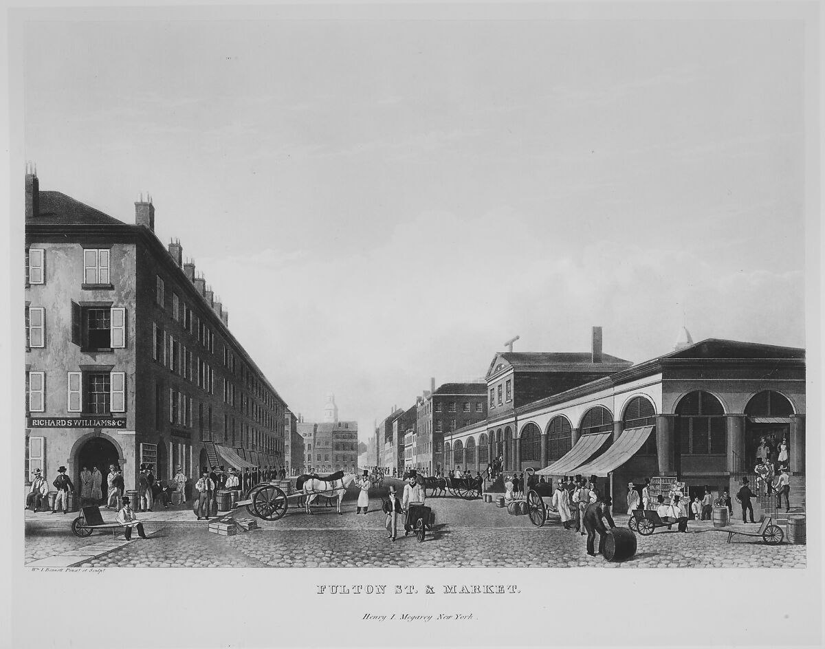 Fulton Street & Market, New York (The Bennett View of Fulton Street), William James Bennett (American, London 1787–1844 New York), Hand-colored aquatint 
