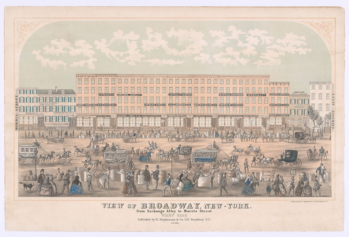 View of Broadway, New-York, from Exchange Alley to Morris Street, West Side, Frederick Heppenheimer (German, 1826–1878 (active New York from 1850)), Lithograph with tint stones and hand coloring 