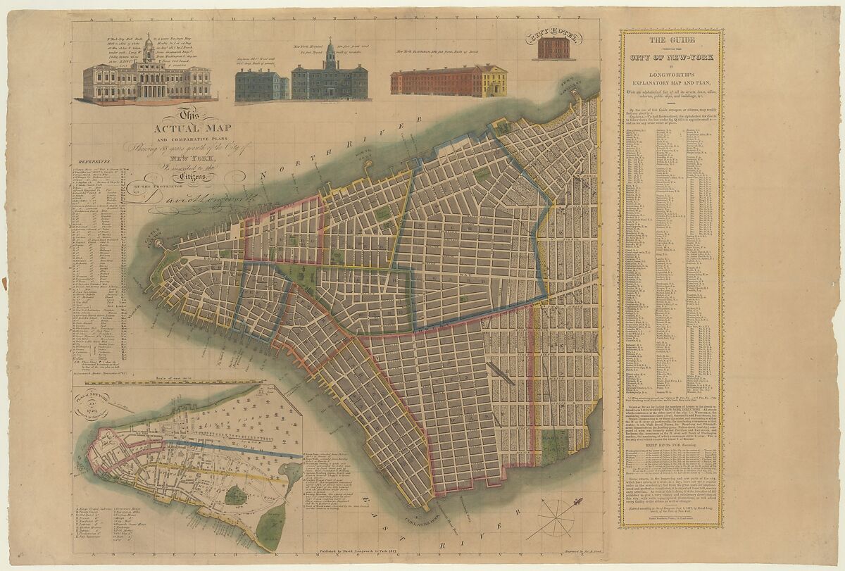 The City of New York: Longworth's Explanatory Map and Plan, David Longworth (American, 19th century), Hand-colored engraving 