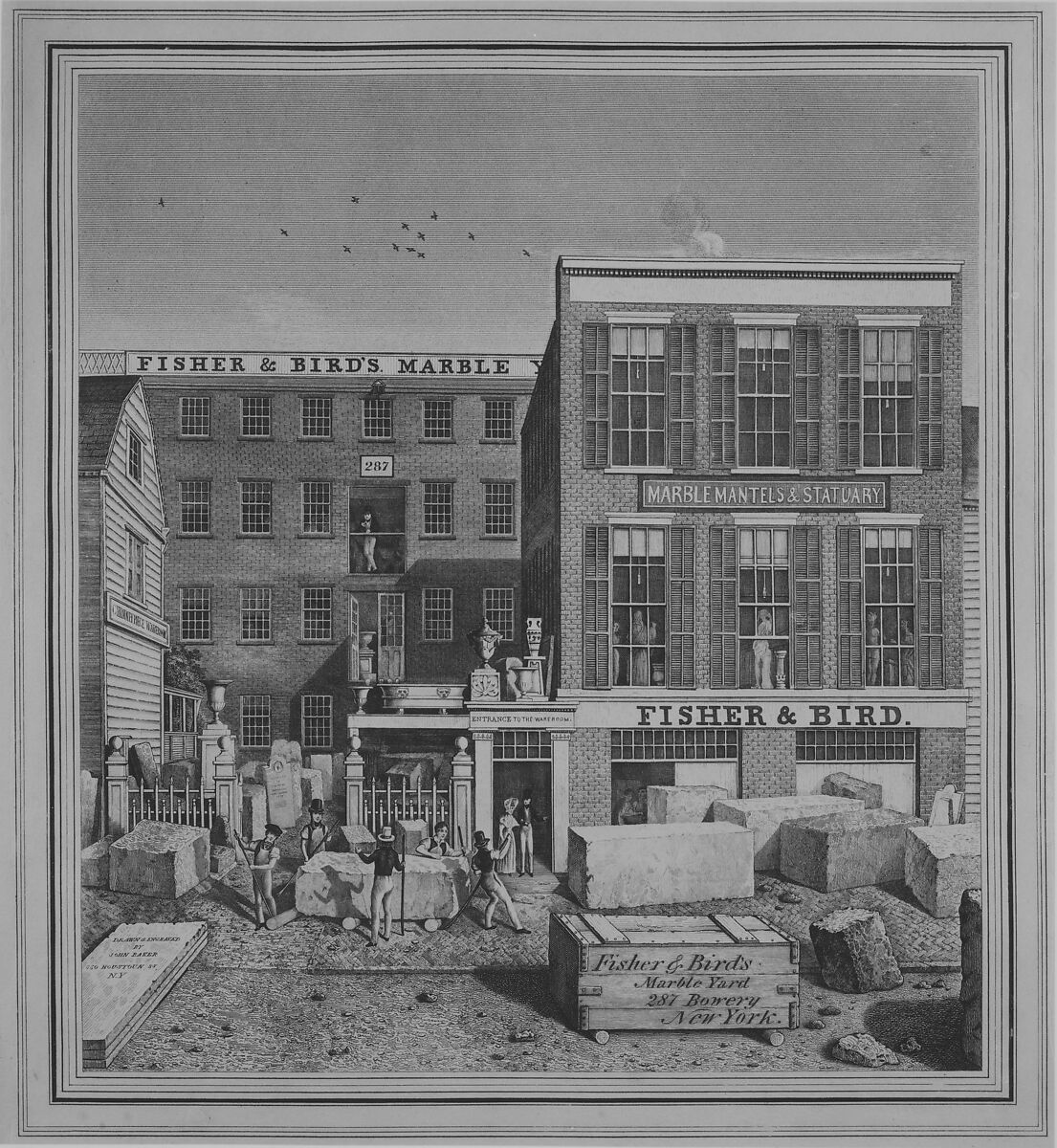 Fisher & Bird's Marble Yard, 287 Bowery, New York, John Baker (American, active 1830–40), Engraving