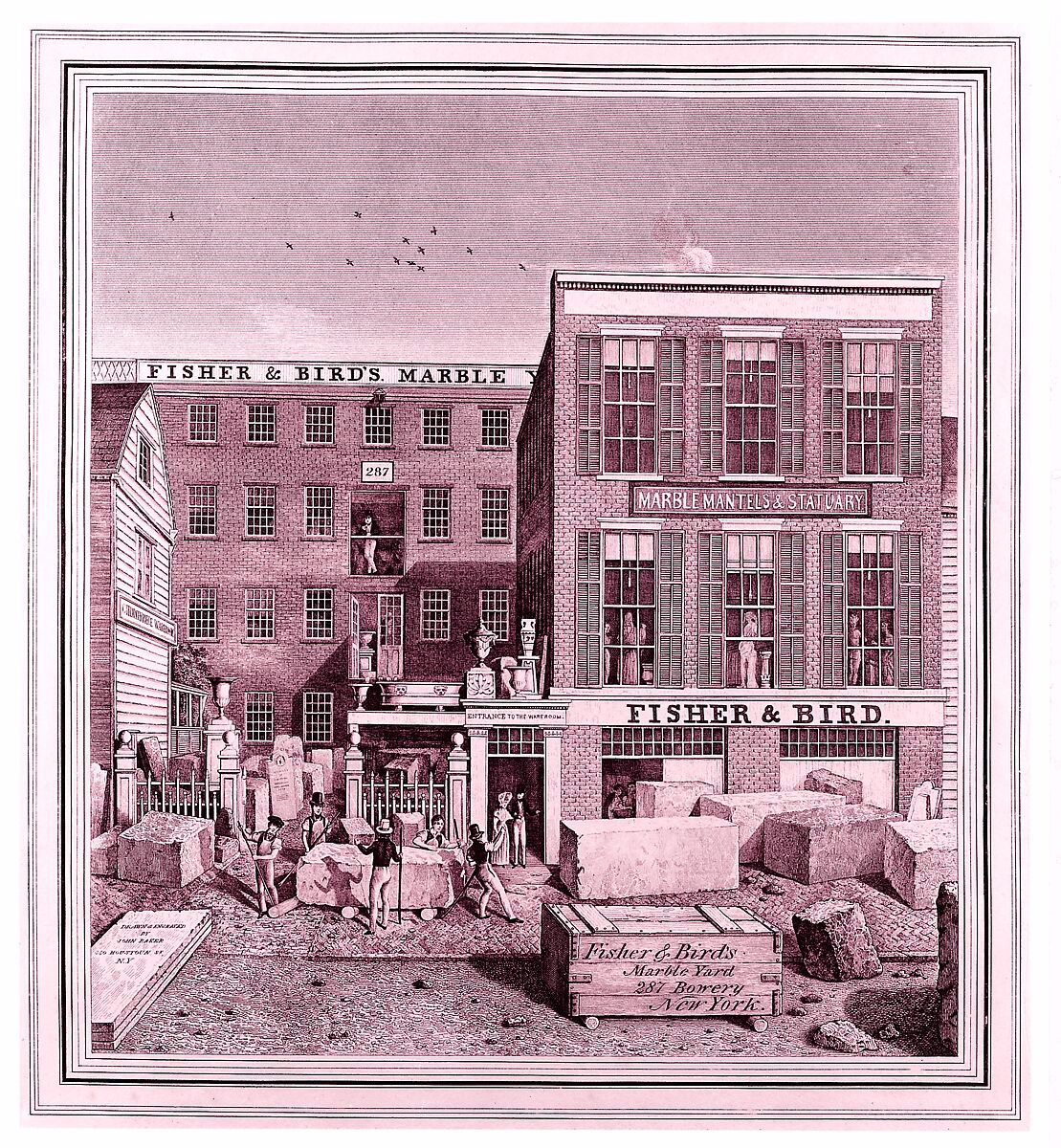 Fisher & Bird's Marble Yard, 287 Bowery, New York, John Baker (American, active 1830–40), Engraving 