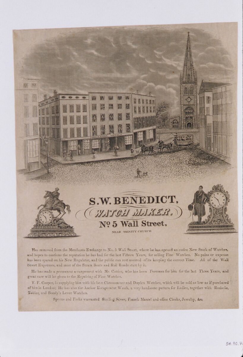 Tradecard of S. W. Benedict, Watchmaker, No. 5 Wall Street, New York, S. W. Benedict (New York, NY), Etching and engraving 