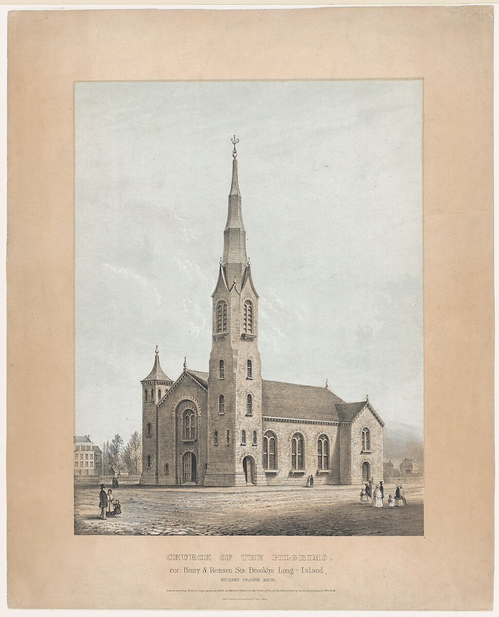 Church of the Pilgrims, Brooklyn, New York, Frances Flora Bond Palmer (American (born England), Leicester 1812–1876 New York), Lithograph with beige and blue tint stones and watercolor 