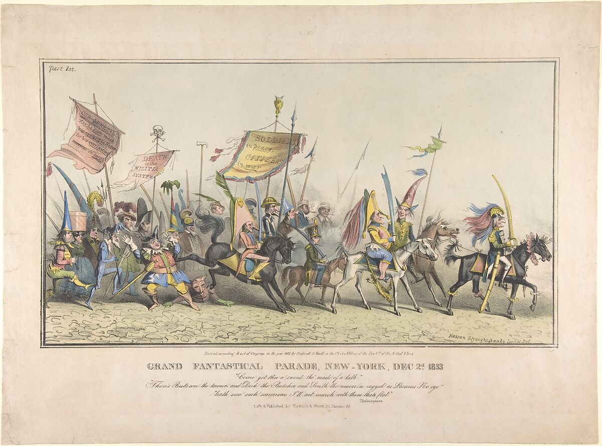 Grand Fantastical Parade, New-York, December 2, 1833, Attributed to David Claypoole Johnston (American, Philadelphia, Pennsylvania 1799–1865 Dorchester, Massachusetts), Hand-colored lithograph 