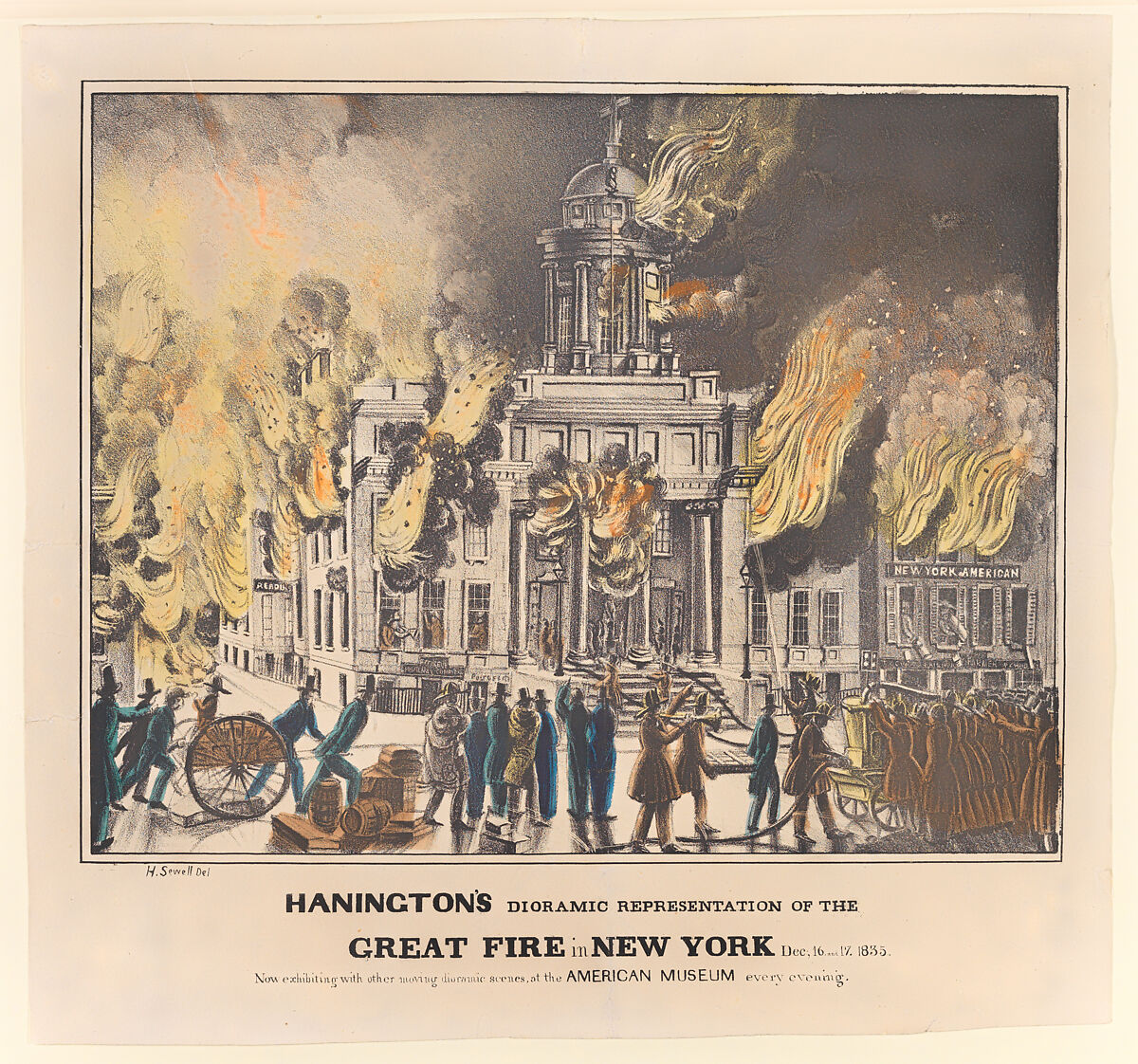 Hanington's Dioramic Representation of the Great Fire in New York, Dec. 16 and 17, 1835. Now Exhibiting with Other Moving Dioramic Scenes, at the American Museum Every Evening..., H. Sewell (American, active New York, 1836–37), Hand-colored lithograph 