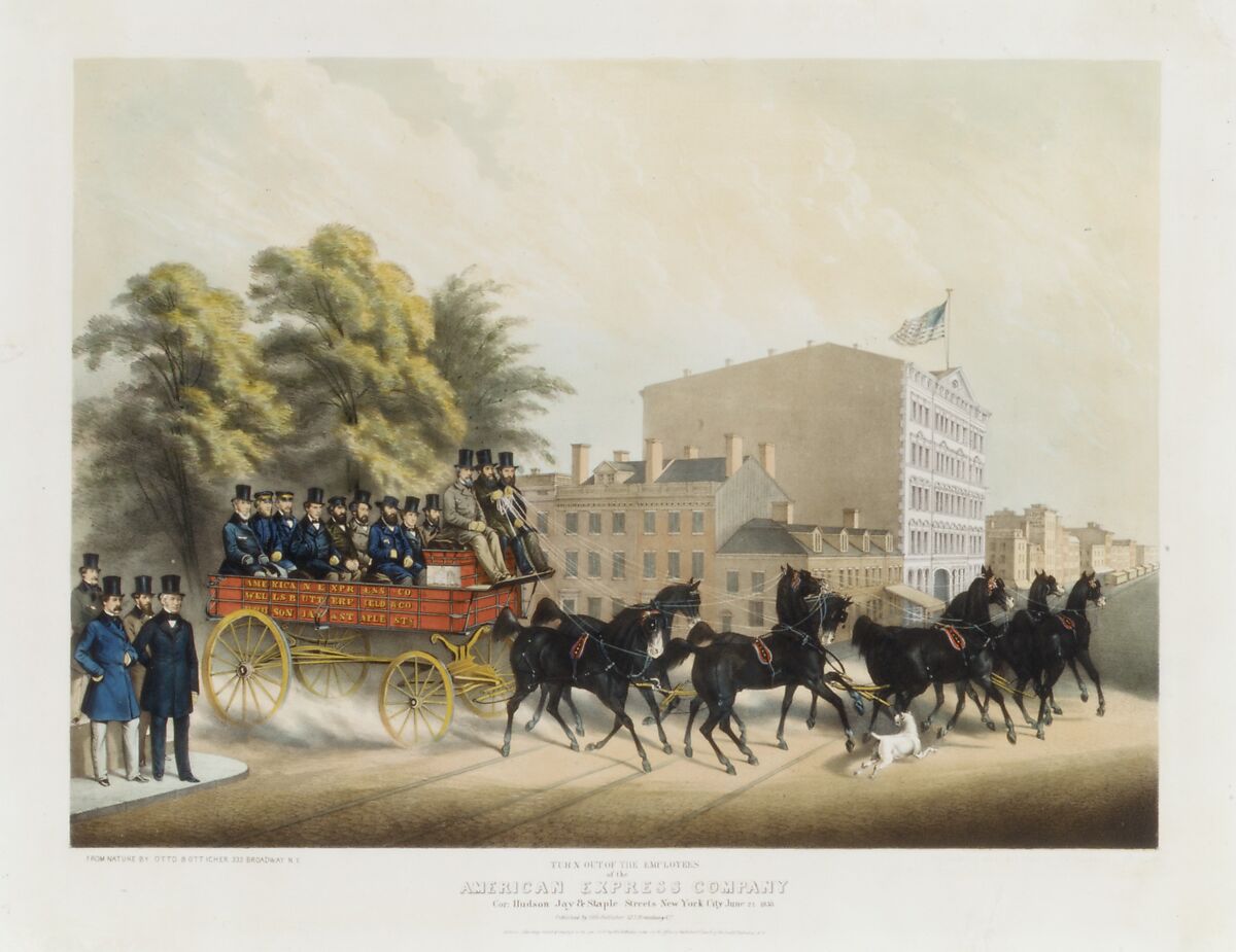 Turn Out of the Employees of the American Express Company, Corner of Hudson, Jay & Staple Streets, New York City on June 21, 1858, Lithographed and published by Otto Botticher (American (born Germany), 1811–1866 Brooklyn), Colored lithograph, with hand coloring 