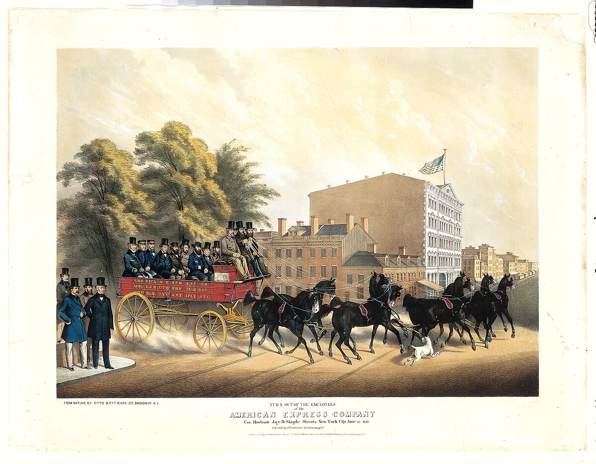 Turn Out of the Employees of the American Express Company, Corner of Hudson, Jay & Staple Streets, New York City on June 21, 1858, Lithographed and published by Otto Botticher (American (born Germany), 1811–1866 Brooklyn), Colored lithograph, with hand coloring