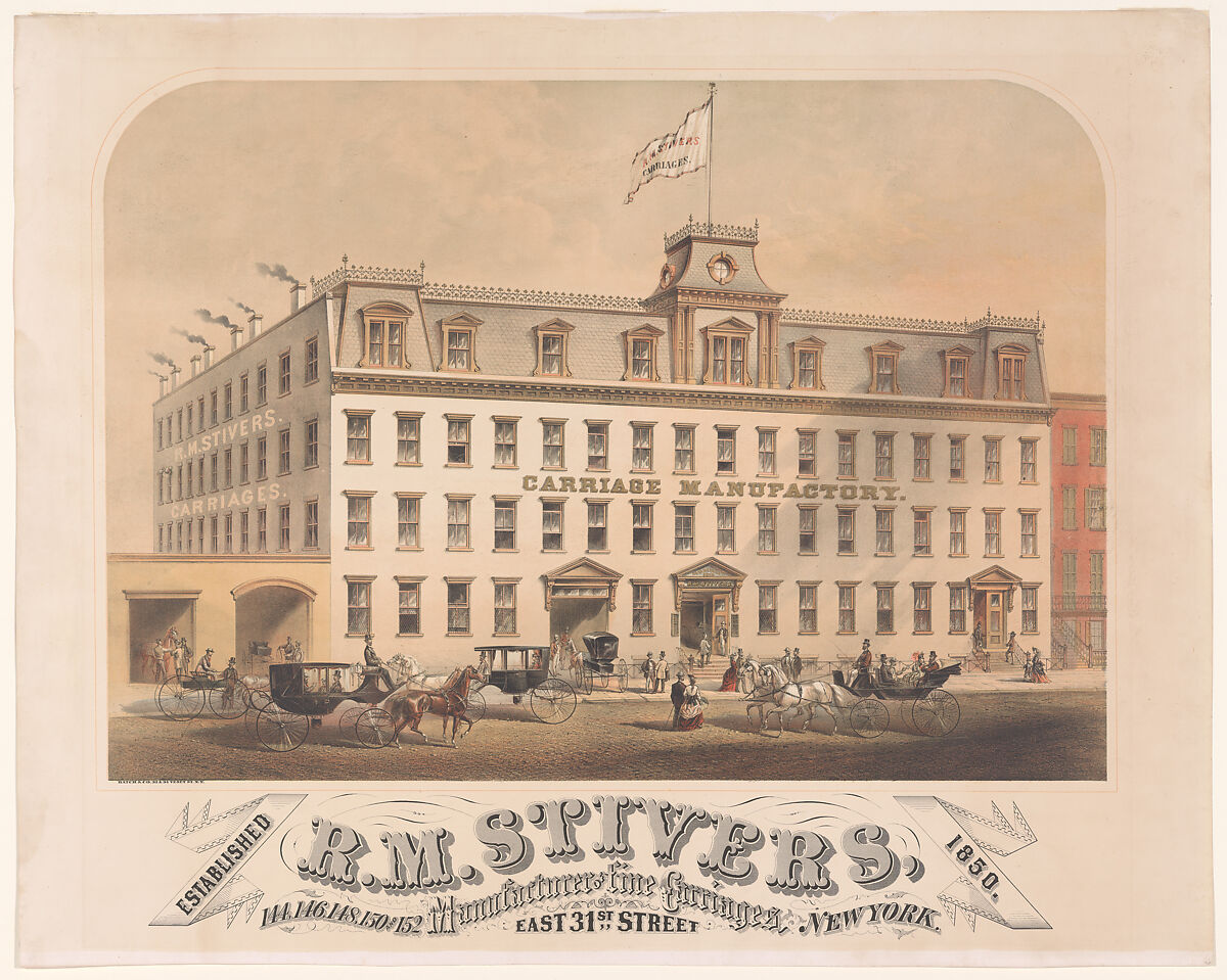R. M. Stivers, Manufacturers of Fine Carriages, 146-152 East 31st Street, New York, Hatch &amp; Co. (New York, NY), Color lithograph 