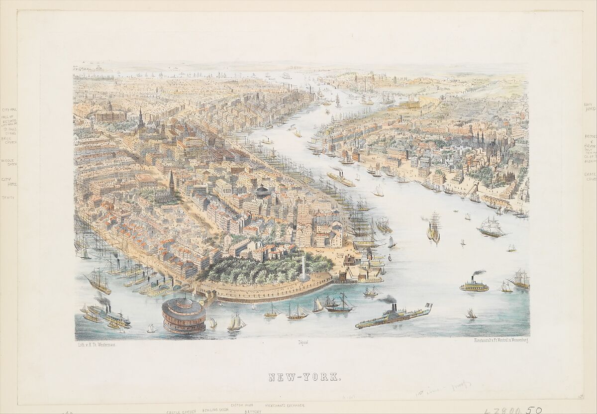 New-York (From the Southwest), Lithographed by K. Th. Westermann (German, active 1852), Hand-colored lithograph 