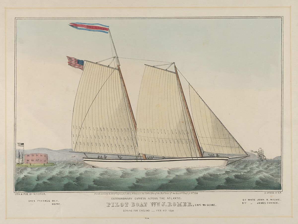 Extraordinary Express Across the Atlantic – Pilot Boat William J. Romer, Captain McGuire, Leaving for England February 9th, 1846, Lithographed and published by Nathaniel Currier (American, Roxbury, Massachusetts 1813–1888 New York), Hand-colored lithograph 