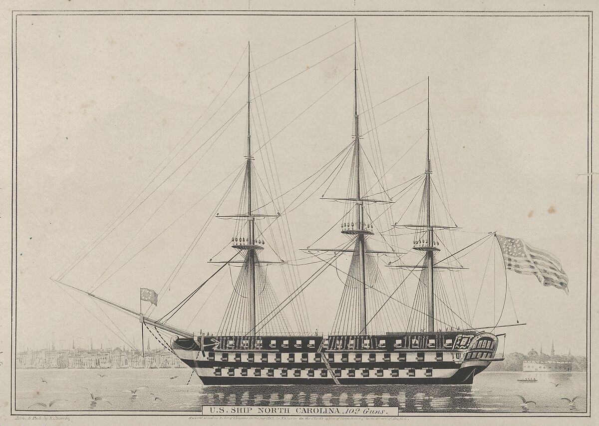 U. S. Ship North Carolina, 102 Guns, Lithographed and published by Nathaniel Currier (American, Roxbury, Massachusetts 1813–1888 New York), Lithograph; uncolored proof 