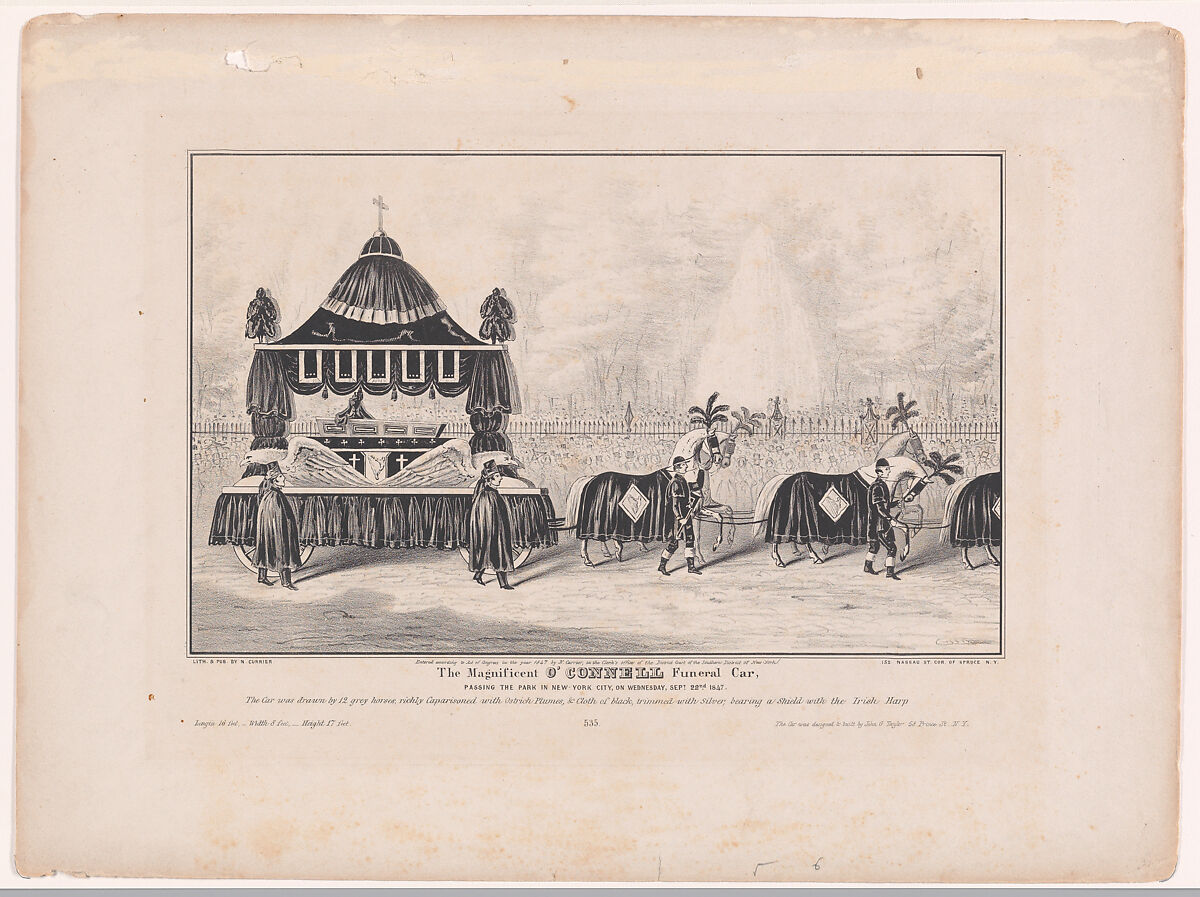 The Magnificent O'Connell Funeral Car, Passing the Park in New York City, on Wednesday, Sept. 22nd, 1847, Lithographed and published by Nathaniel Currier (American, Roxbury, Massachusetts 1813–1888 New York), Lithograph 