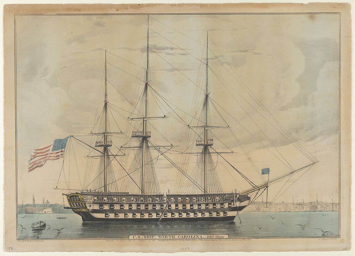 U. S. Ship North Carolina, 102 Guns, Lithographed and published by Nathaniel Currier (American, Roxbury, Massachusetts 1813–1888 New York), Hand-colored lithograph 