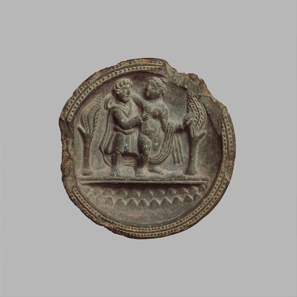 Dish with a Mythological Couple (Perhaps Apollo and Daphne), Schist, Pakistan (ancient region of Gandhara) 