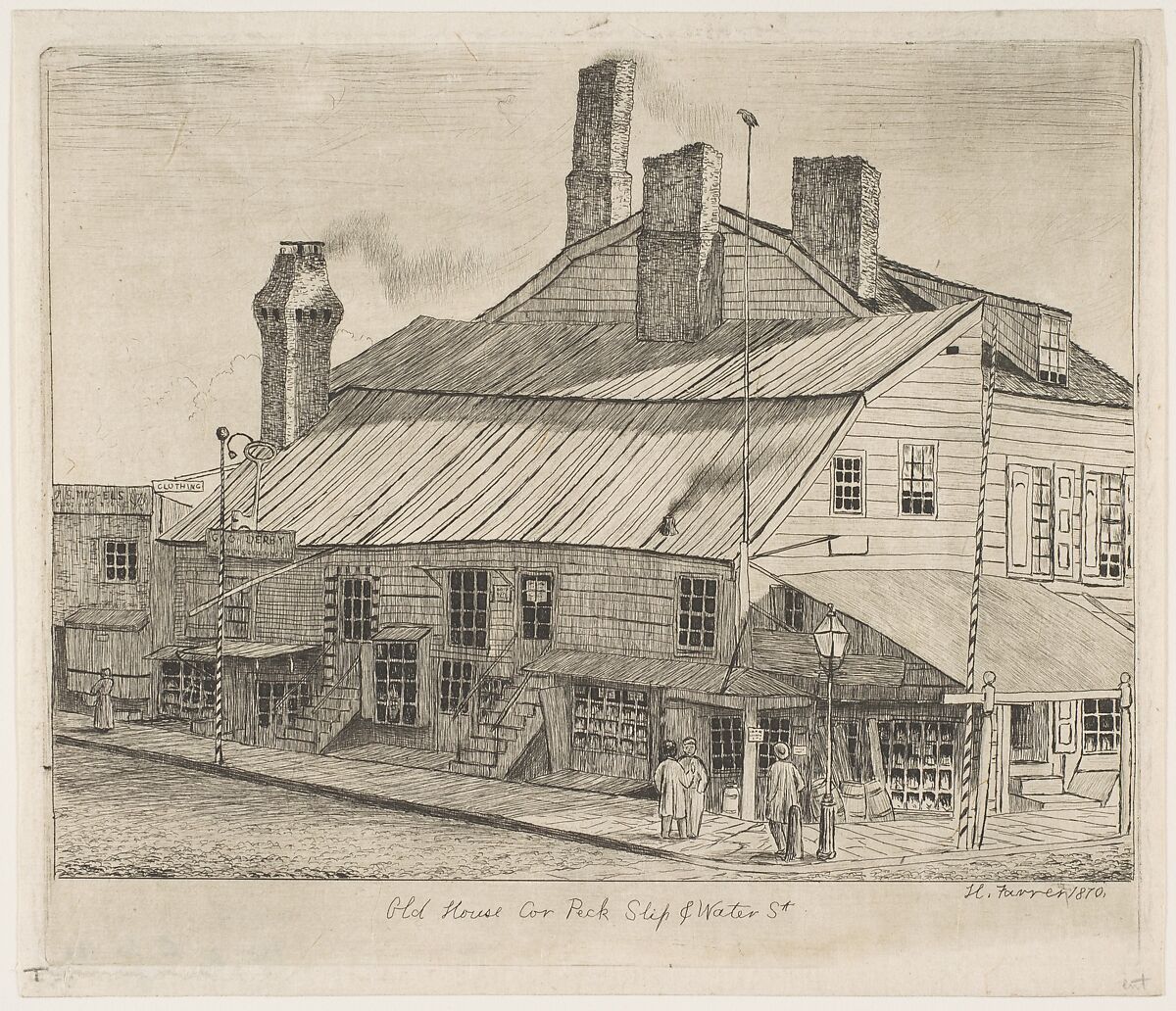 Old House, Corner of Peck Slip and Water Street, from "Scenes of Old New York", Henry Farrer (American, London 1844–1903 New York), Etching 
