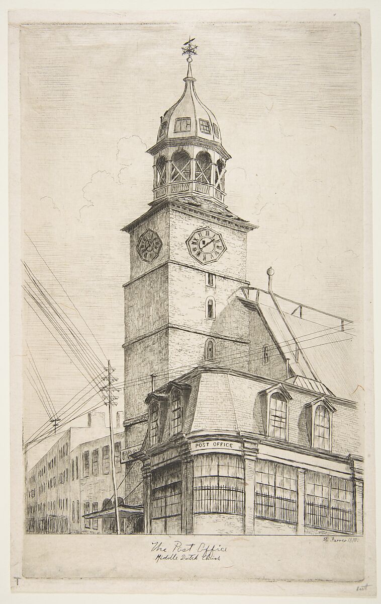 The Post Office, Middle Dutch Church, from "Scenes of Old New York", Henry Farrer (American, London 1844–1903 New York), Etching 