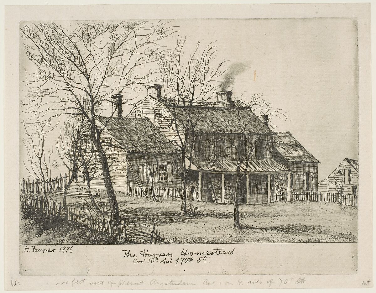 The Harsen Homestead, Corner of 10th Avenue and 70th Street, from "Scenes of Old New York", Henry Farrer (American, London 1844–1903 New York), Etching 