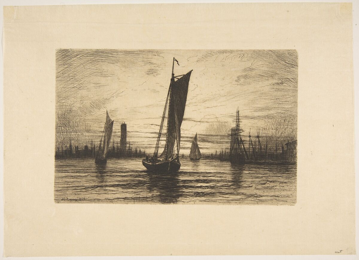 Sunset on the East River, Henry Farrer (American, London 1844–1903 New York), Etching 