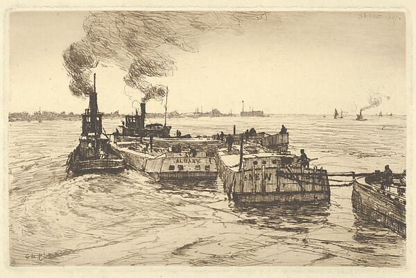Canal Boats and Tugs, Charles Adams Platt (American, New York 1861–1933), Etching, printed in brown ink 