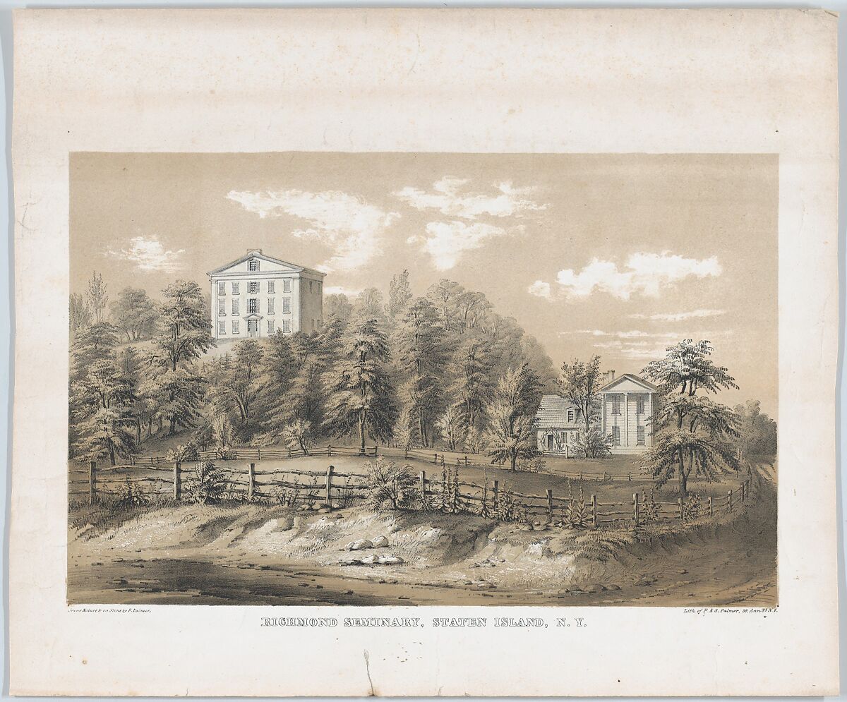 Richmond Seminary, Staten Island, N.Y., Frances Flora Bond Palmer (American (born England), Leicester 1812–1876 New York), Lithograph with beige tint stone and white hand coloring 