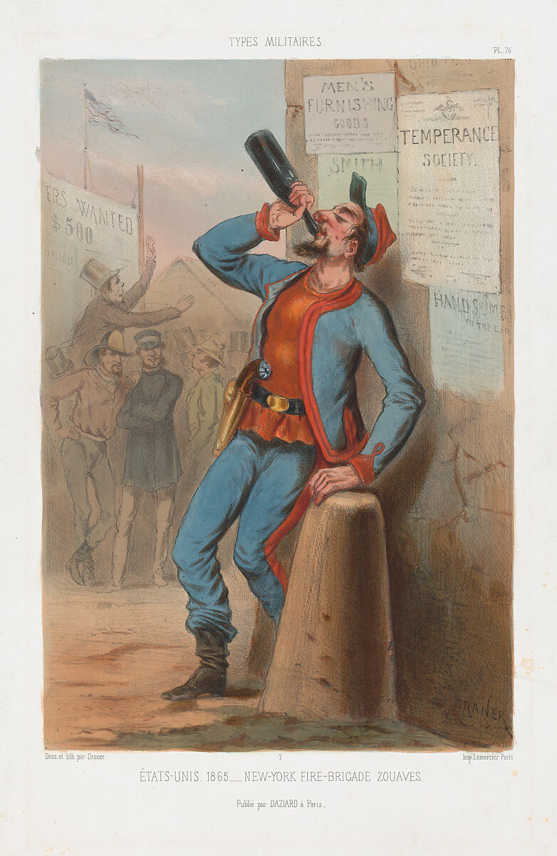 États-Unis 1865 - New York Fire Brigade - Zouaves, Draner (French, 19th century), Lithograph with tint stone and hand coloring 