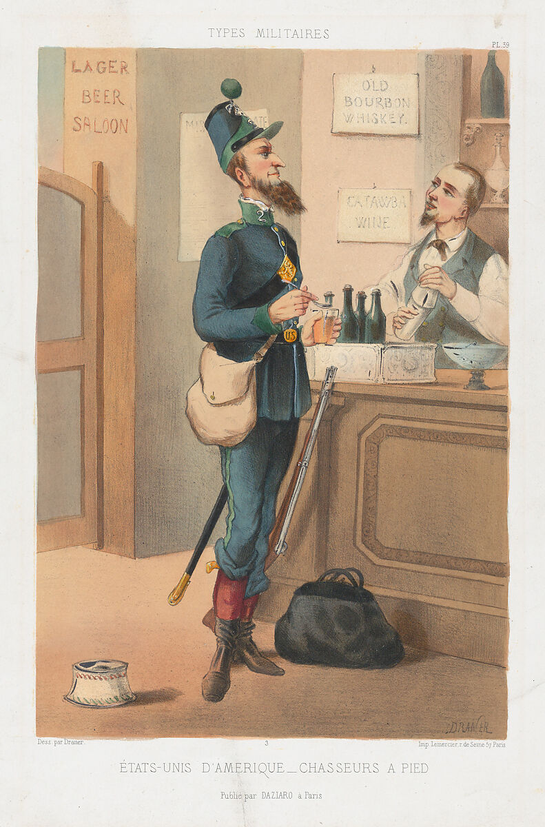 Étast-Unis d'Amerique - Chasseurs à Pied, Draner (French, 19th century), Lithograph with tint stone and hand coloring 