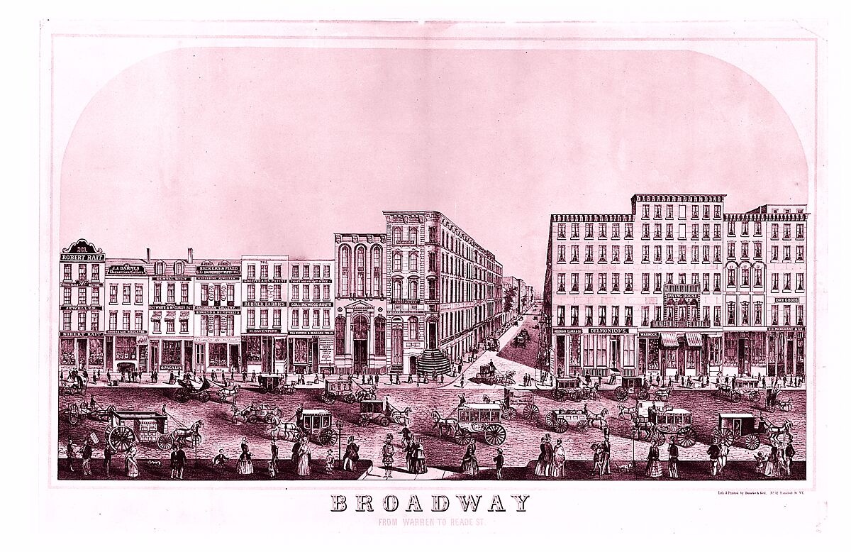 Broadway, New York from Warren to Reade Street, Lithographed by Dumcke and Keil (American, New York), Lithograph with tint stones and watercolor 