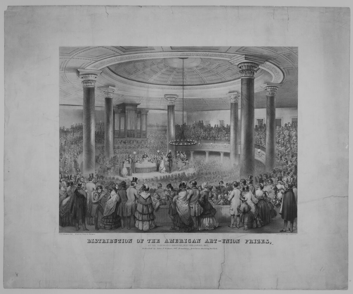 Distribution of the American Art-Union Prizes, at the Tabernacle, Broadway, December 24, 1847, On stone by Francis D'Avignon (American (born France or Russia), Paris or St. Petersburg 1813/14–1867 New Orleans, Luisiana), Lithograph with tint stone