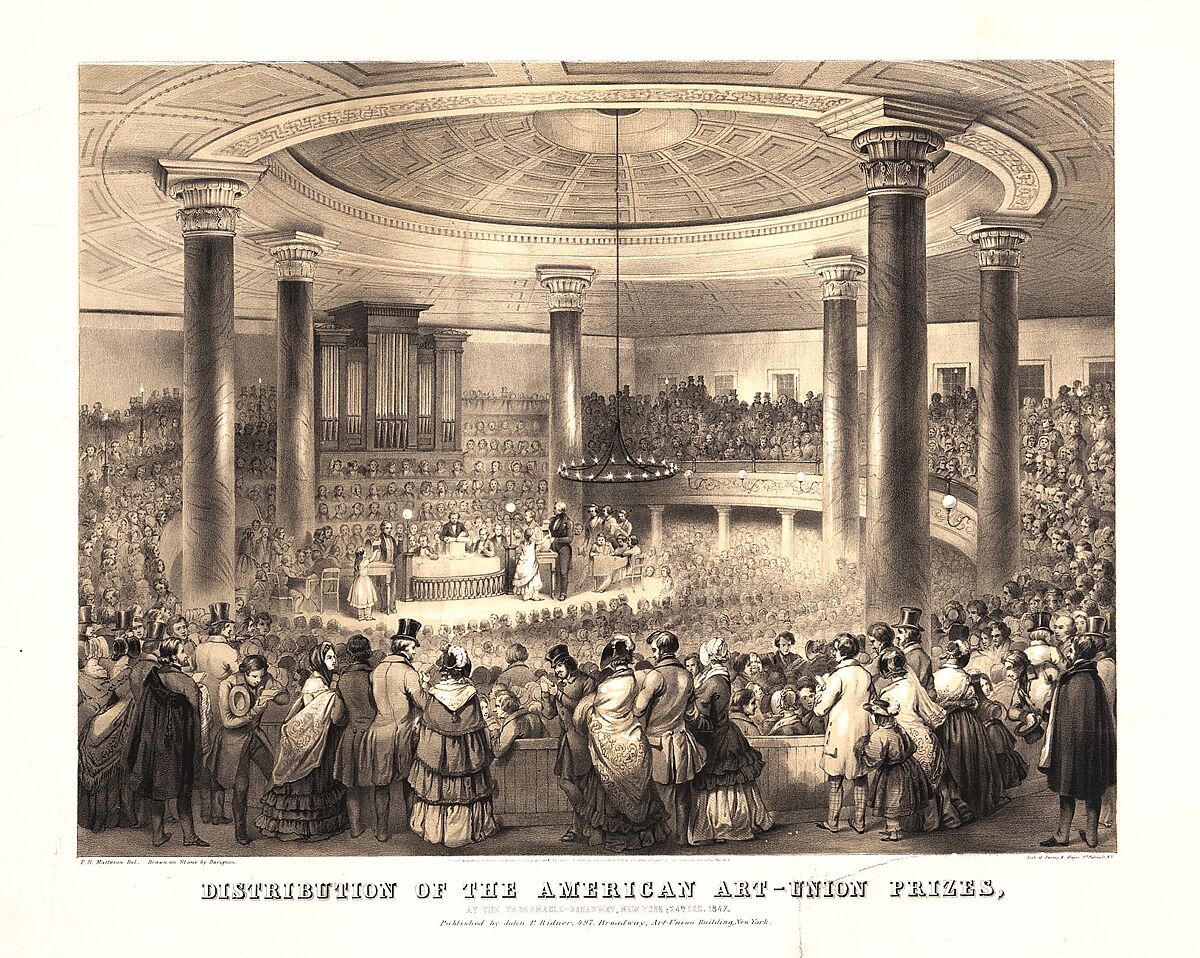 Distribution of the American Art-Union Prizes, at the Tabernacle, Broadway, December 24, 1847, On stone by Francis D'Avignon (American (born France or Russia), Paris or St. Petersburg 1813/14–1867 New Orleans, Luisiana), Lithograph with tint stone