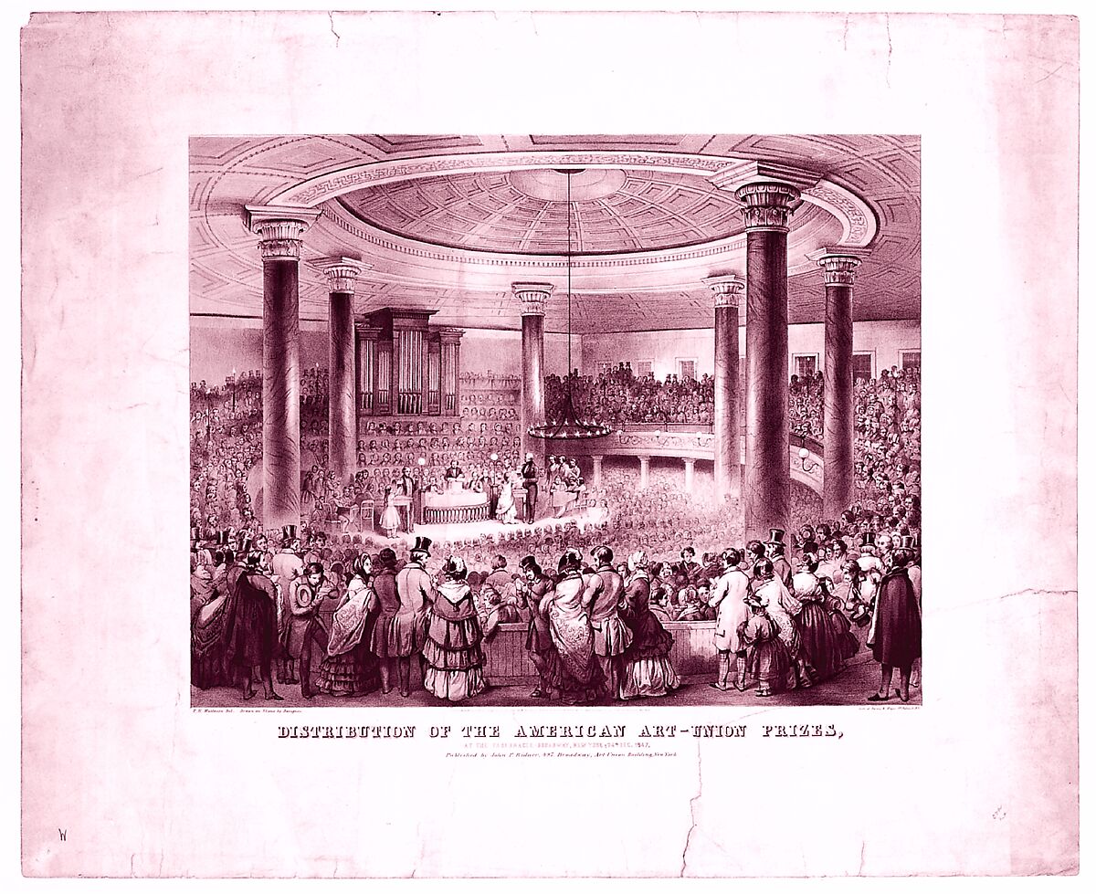 Distribution of the American Art-Union Prizes, at the Tabernacle, Broadway, December 24, 1847, On stone by Francis D'Avignon (American (born France or Russia), Paris or St. Petersburg 1813/14–1867 New Orleans, Luisiana), Lithograph with tint stone
