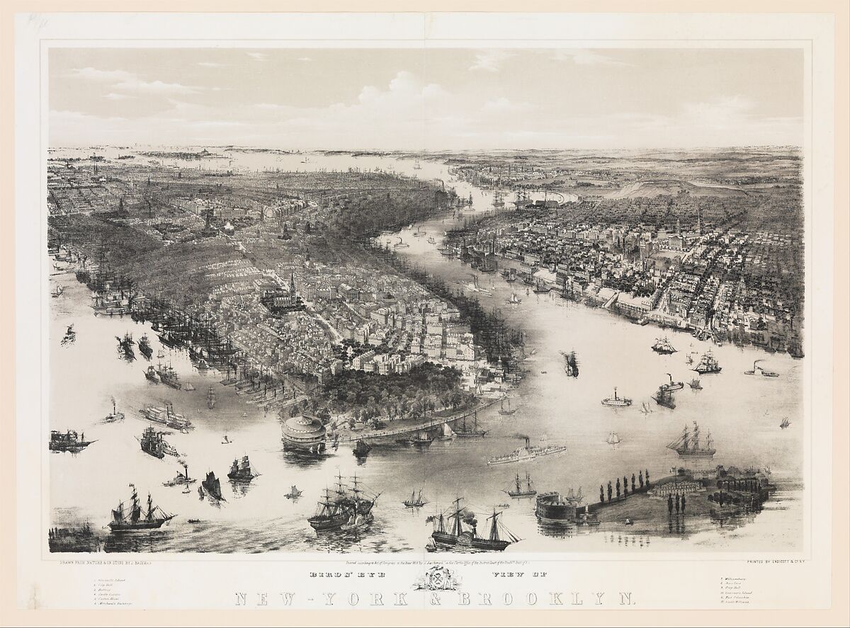 Bird's Eye View of New York and Brooklyn, John Bachmann (American, born Switzerland, 1814/15–1896), Lithograph with tint stone 
